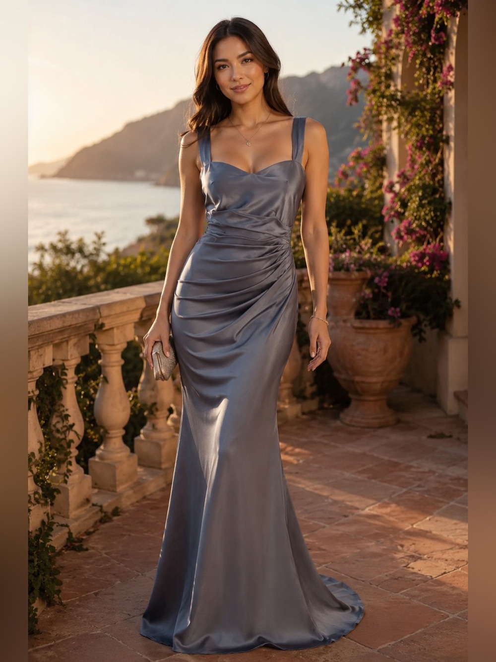 Elegant Silver Blue Satin Lace-Up Back Formal Evening Dress Size-Small. NWT